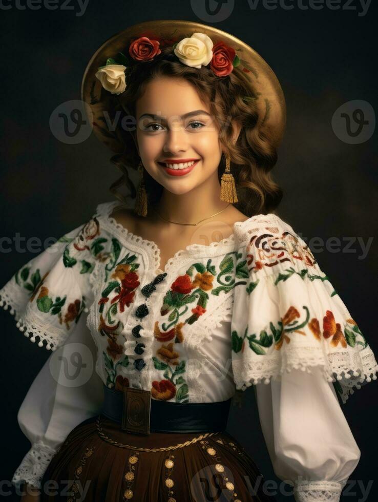 glimlachen jong vrouw van Mexicaans afdaling gekleed in elegant jurk Aan grijs achtergrond ai generatief foto