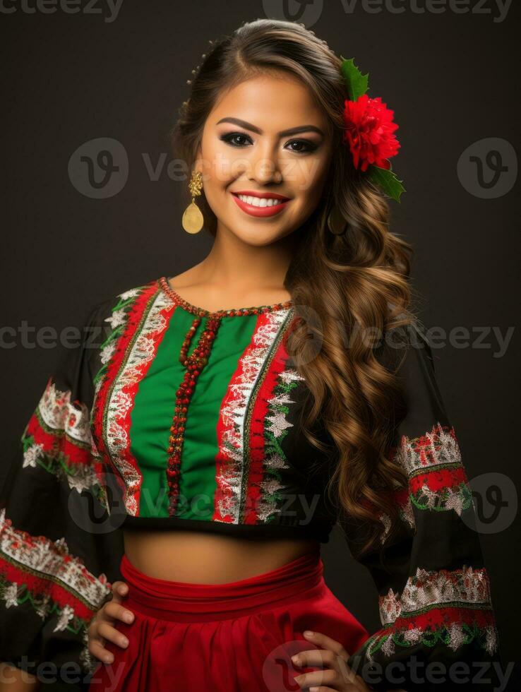 glimlachen jong vrouw van Mexicaans afdaling gekleed in elegant jurk Aan grijs achtergrond ai generatief foto