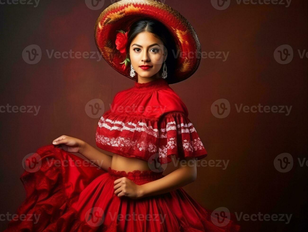 glimlachen jong vrouw van Mexicaans afdaling gekleed in elegant jurk Aan grijs achtergrond ai generatief foto