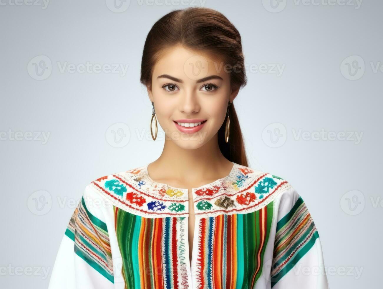 glimlachen jong vrouw van Mexicaans afdaling gekleed in elegant jurk Aan grijs achtergrond ai generatief foto