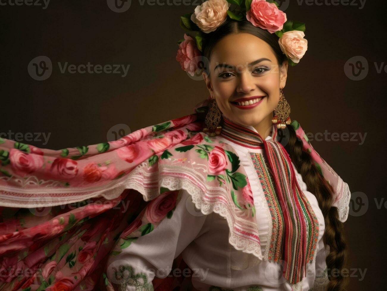 glimlachen jong vrouw van Mexicaans afdaling gekleed in elegant jurk Aan grijs achtergrond ai generatief foto