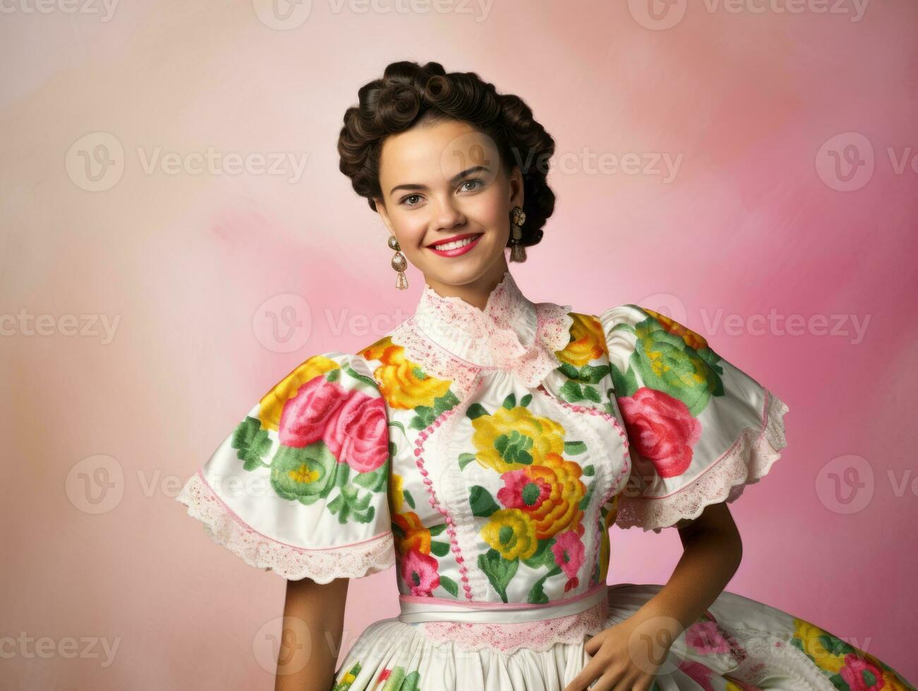 glimlachen jong vrouw van Mexicaans afdaling gekleed in elegant jurk Aan grijs achtergrond ai generatief foto