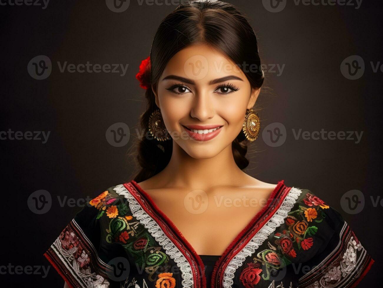 glimlachen jong vrouw van Mexicaans afdaling gekleed in elegant jurk Aan grijs achtergrond ai generatief foto