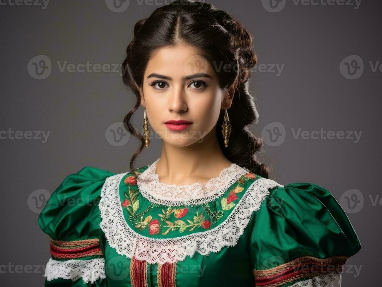 glimlachen jong vrouw van Mexicaans afdaling gekleed in elegant jurk Aan grijs achtergrond ai generatief foto