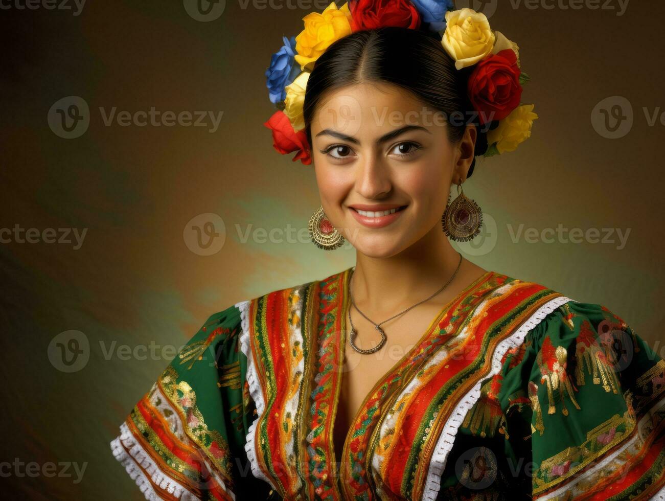 glimlachen jong vrouw van Mexicaans afdaling gekleed in elegant jurk Aan grijs achtergrond ai generatief foto