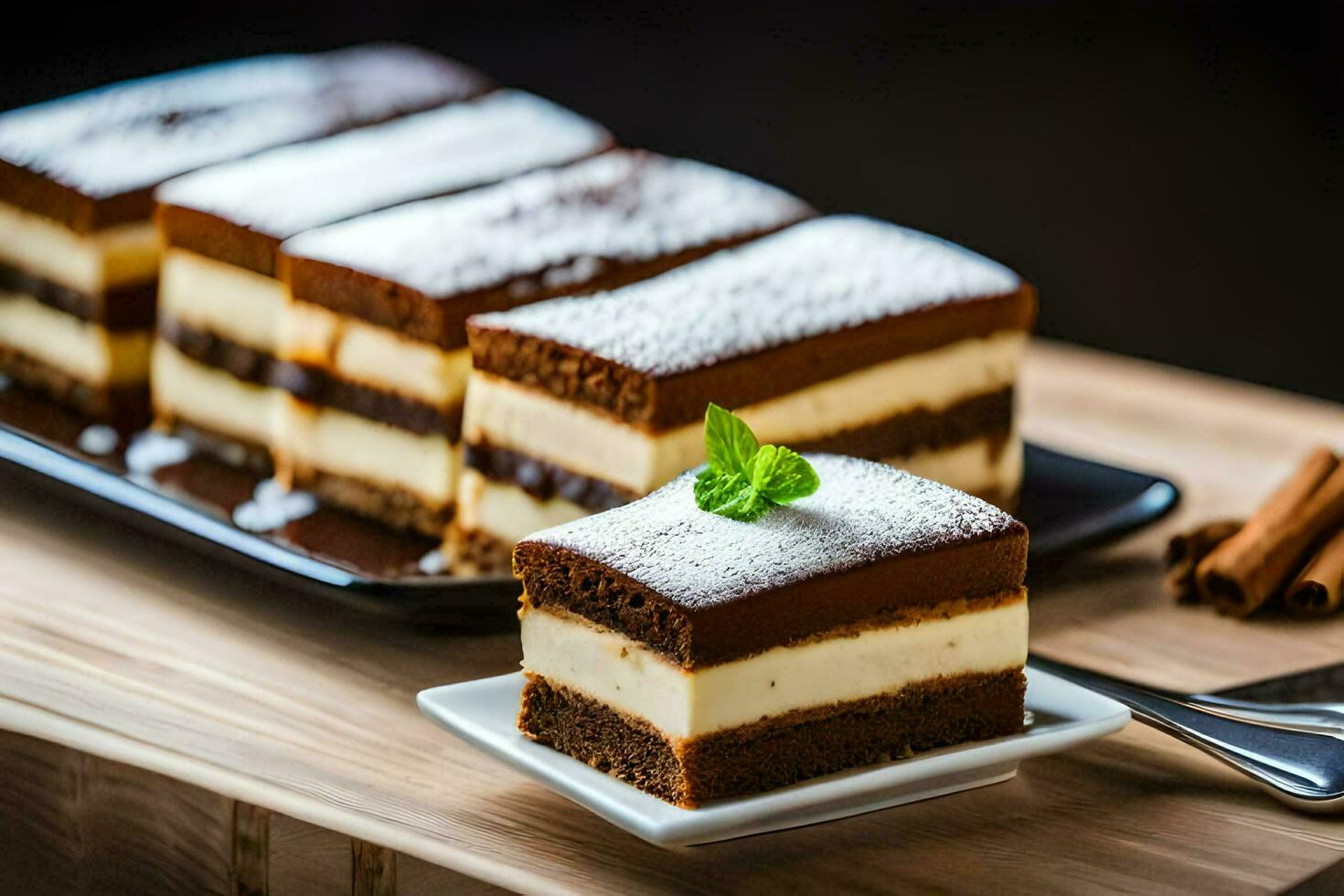 een stuk van taart met chocola en room Aan een bord. ai-gegenereerd foto