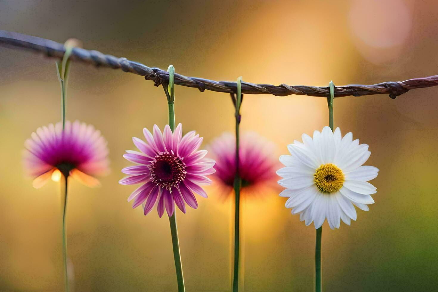 vier bloemen hangende van een Afdeling. ai-gegenereerd foto