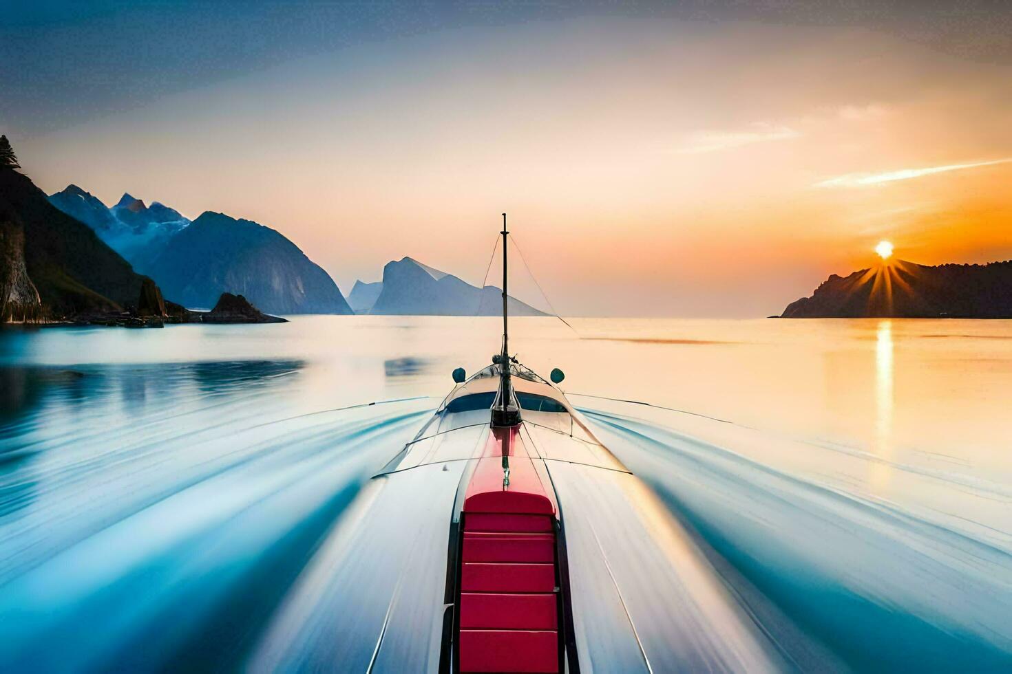 een boot op reis Aan de oceaan Bij zonsondergang. ai-gegenereerd foto