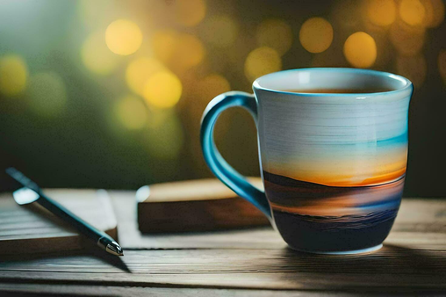 een koffie kop met een pen en een notitieboekje Aan een tafel. ai-gegenereerd foto