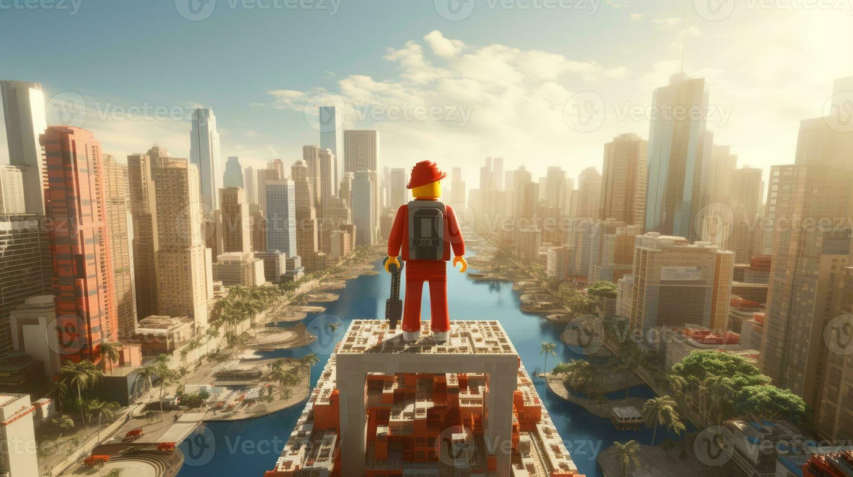 Lego karakter verkennen een episch Lego wereld ai generatief foto