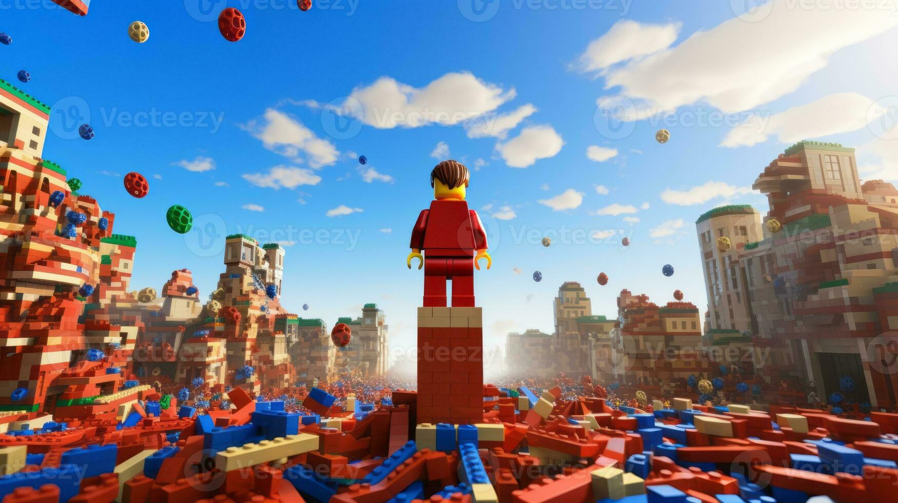 Lego karakter verkennen een episch Lego wereld ai generatief foto