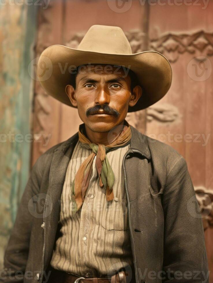 oud gekleurde foto van een Mexicaans Mens van de vroeg jaren 1900 ai generatief