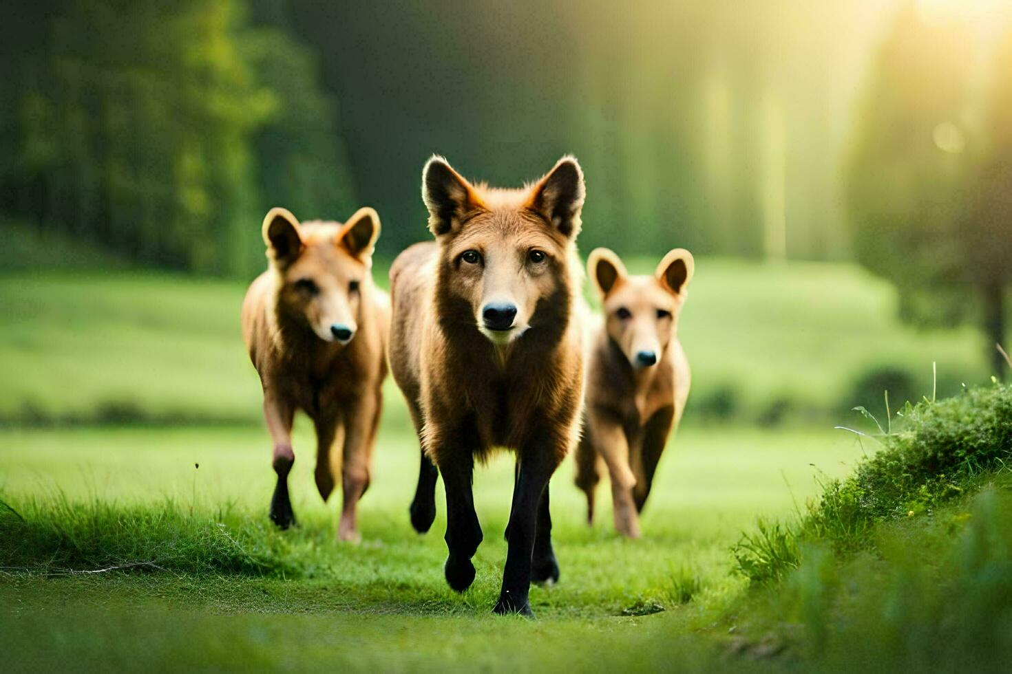 drie bruin honden rennen in de gras. ai-gegenereerd foto