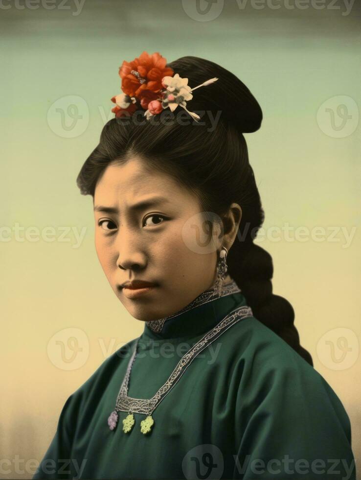 oud gekleurde foto van een Aziatisch vrouw van de vroeg jaren 1900 ai generatief