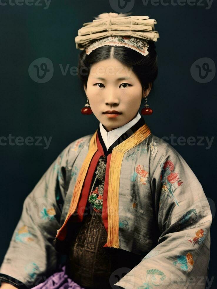 oud gekleurde foto van een Aziatisch vrouw van de vroeg jaren 1900 ai generatief