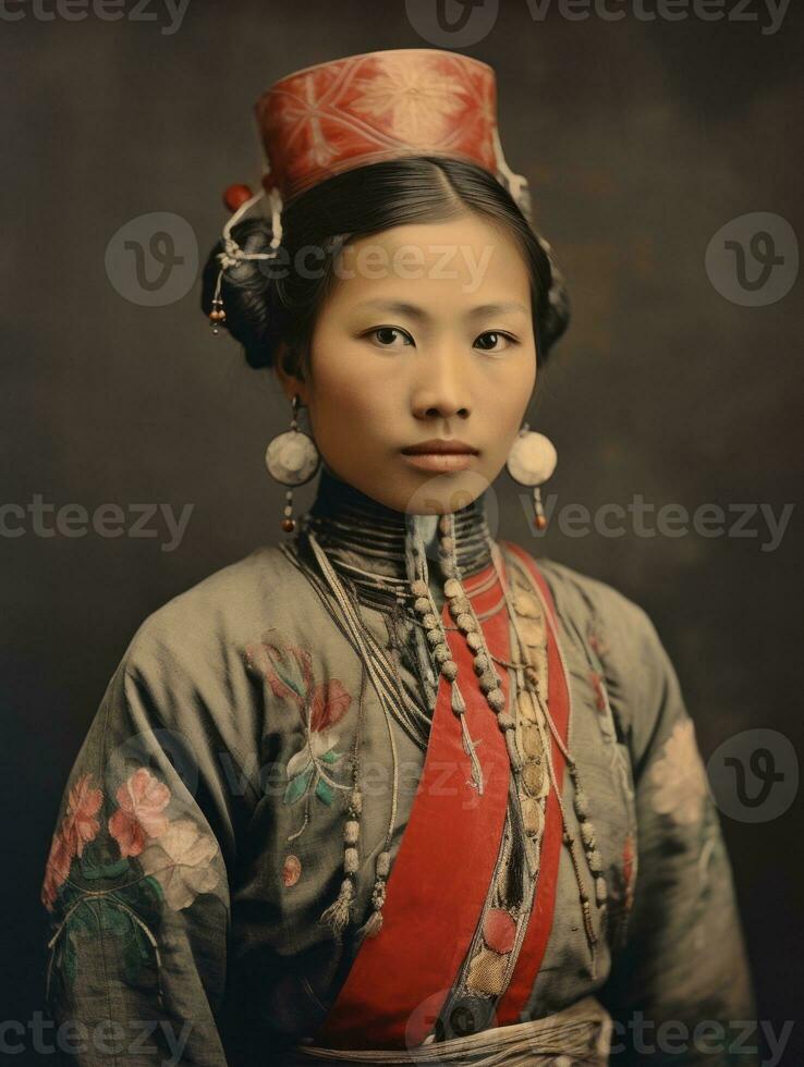 oud gekleurde foto van een Aziatisch vrouw van de vroeg jaren 1900 ai generatief