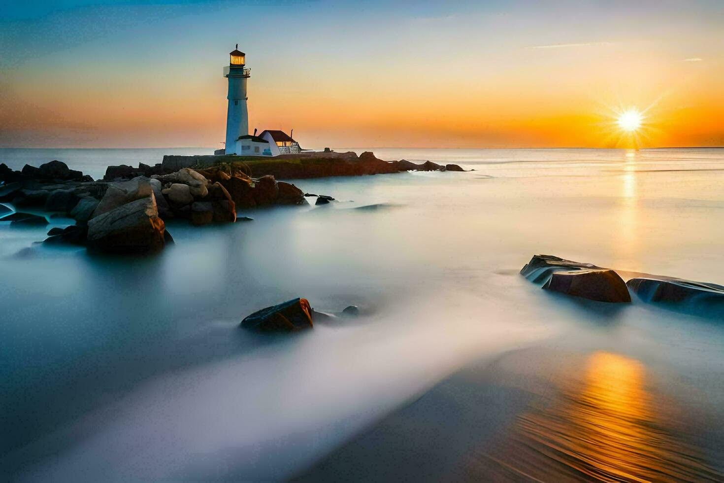 een vuurtoren is gezien in de zonsondergang. ai-gegenereerd foto