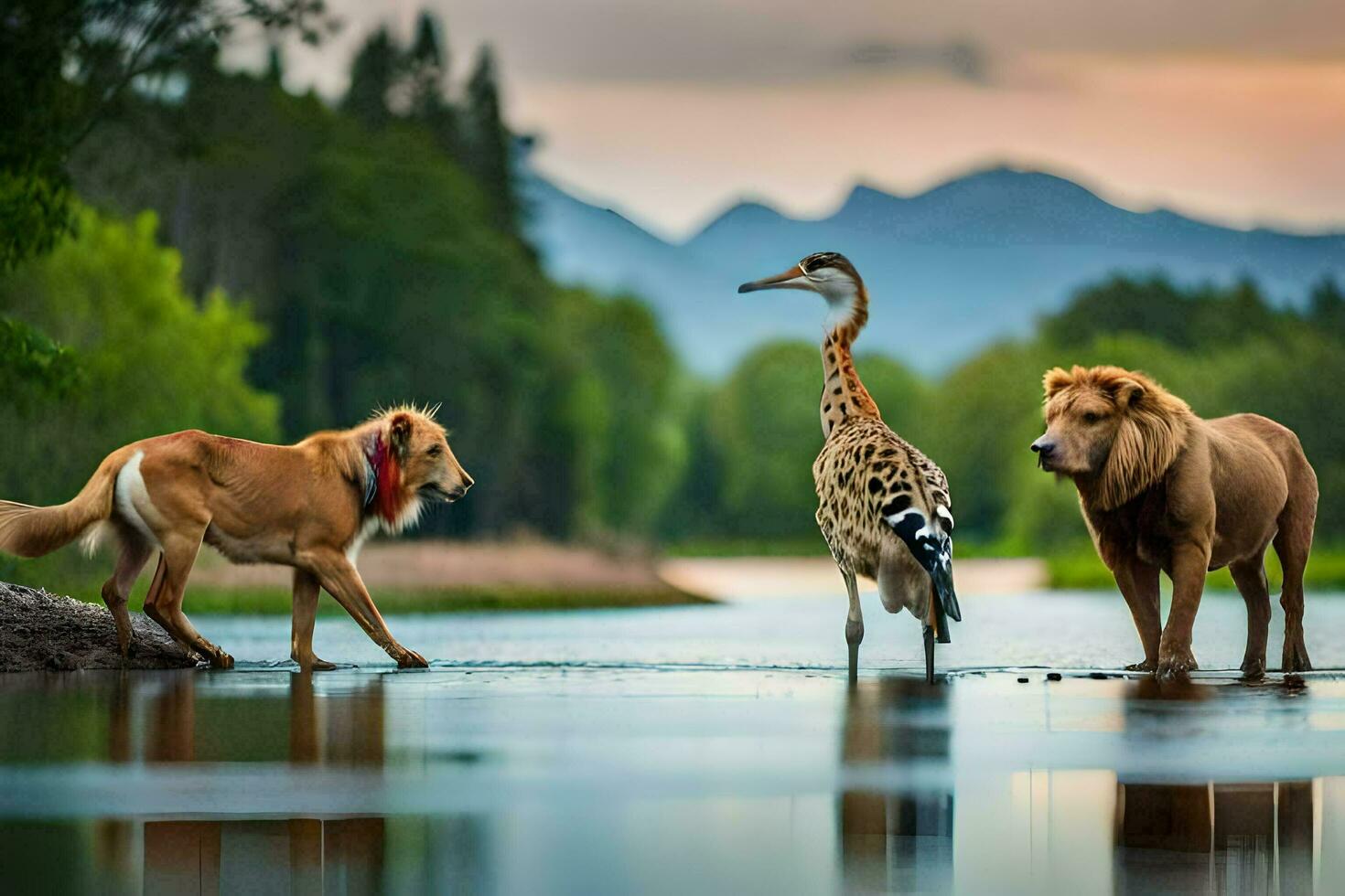 drie dieren staand in de water met een vogel. ai-gegenereerd foto