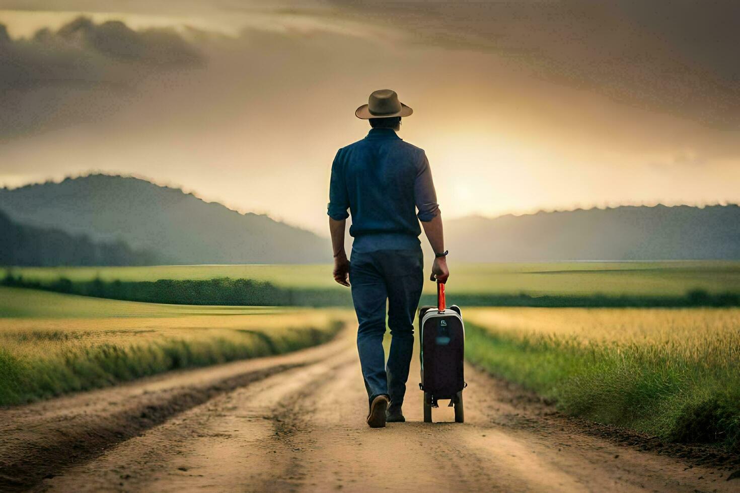 een Mens met een hoed en pak wandelen naar beneden een aarde weg met een koffer. ai-gegenereerd foto