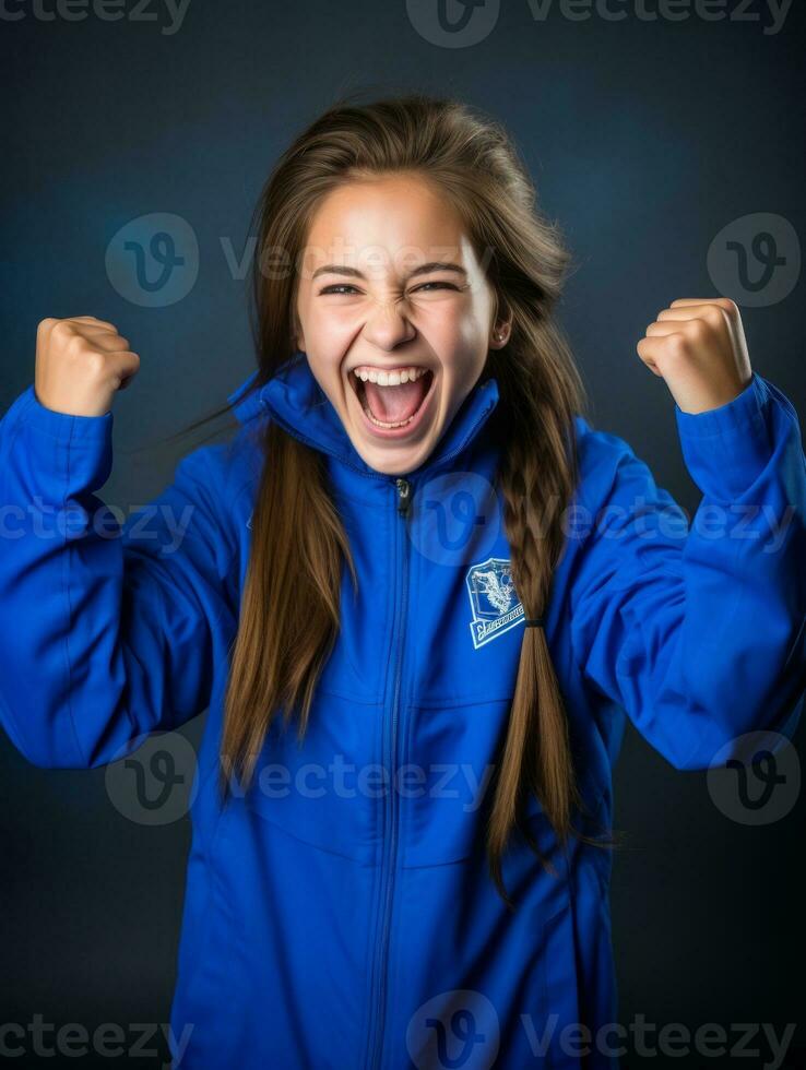 jong Europese vrouw gekleed in sportkleding duidelijk actief en vol van energie ai generatief foto