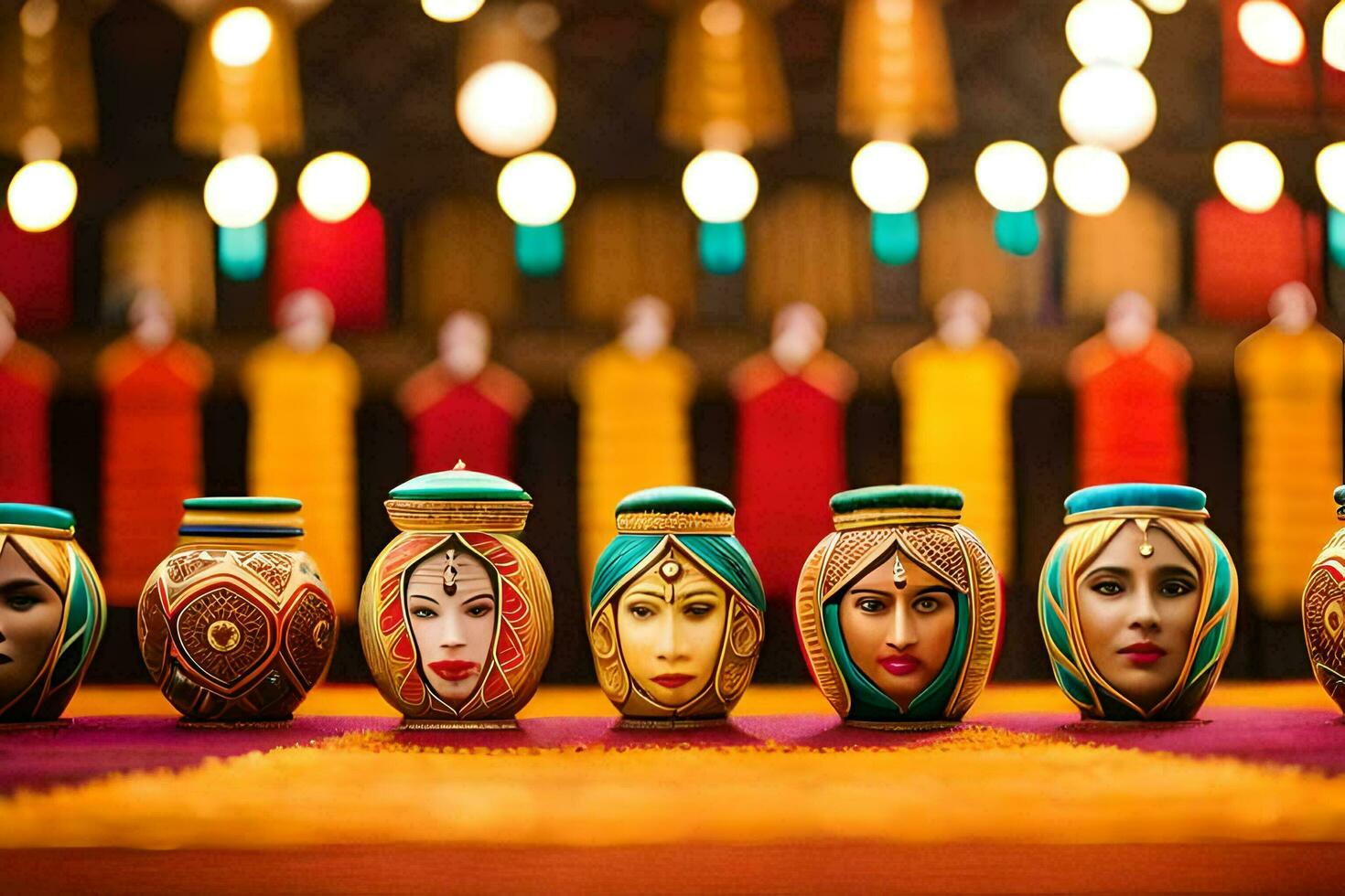 een rij van kleurrijk vazen met geschilderd gezichten. ai-gegenereerd foto