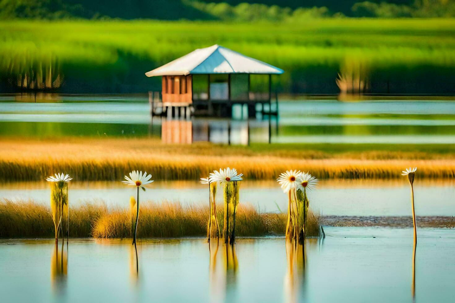 een klein huis in de midden- van een meer met bloemen. ai-gegenereerd foto