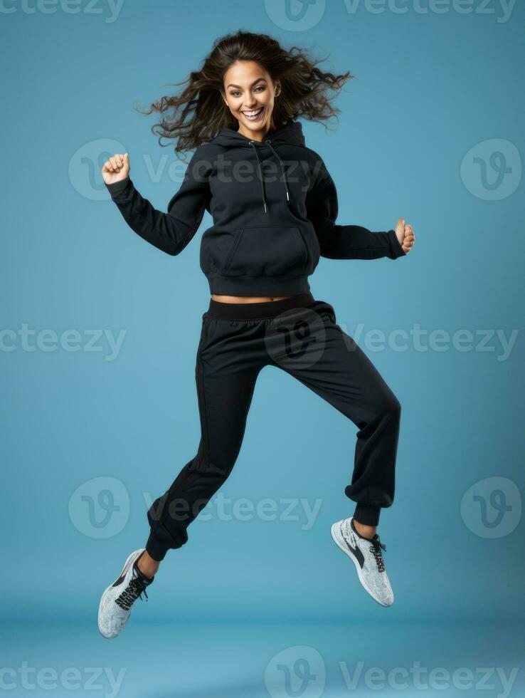 jong Europese vrouw gekleed in sportkleding duidelijk actief en vol van energie ai generatief foto