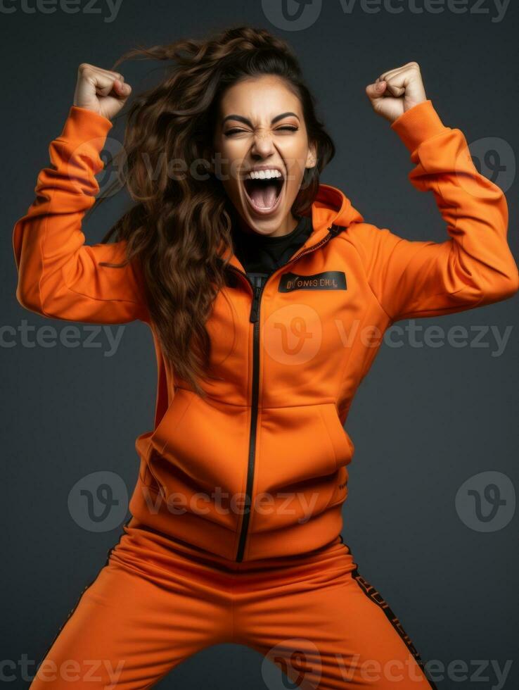 jong Europese vrouw gekleed in sportkleding duidelijk actief en vol van energie ai generatief foto