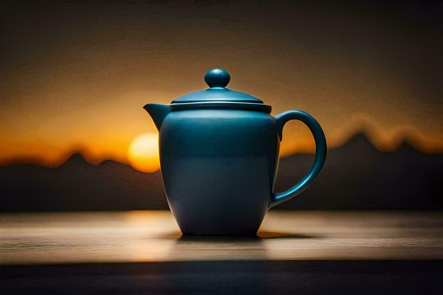 een blauw theepot Aan een tafel in voorkant van een zonsondergang. ai-gegenereerd foto