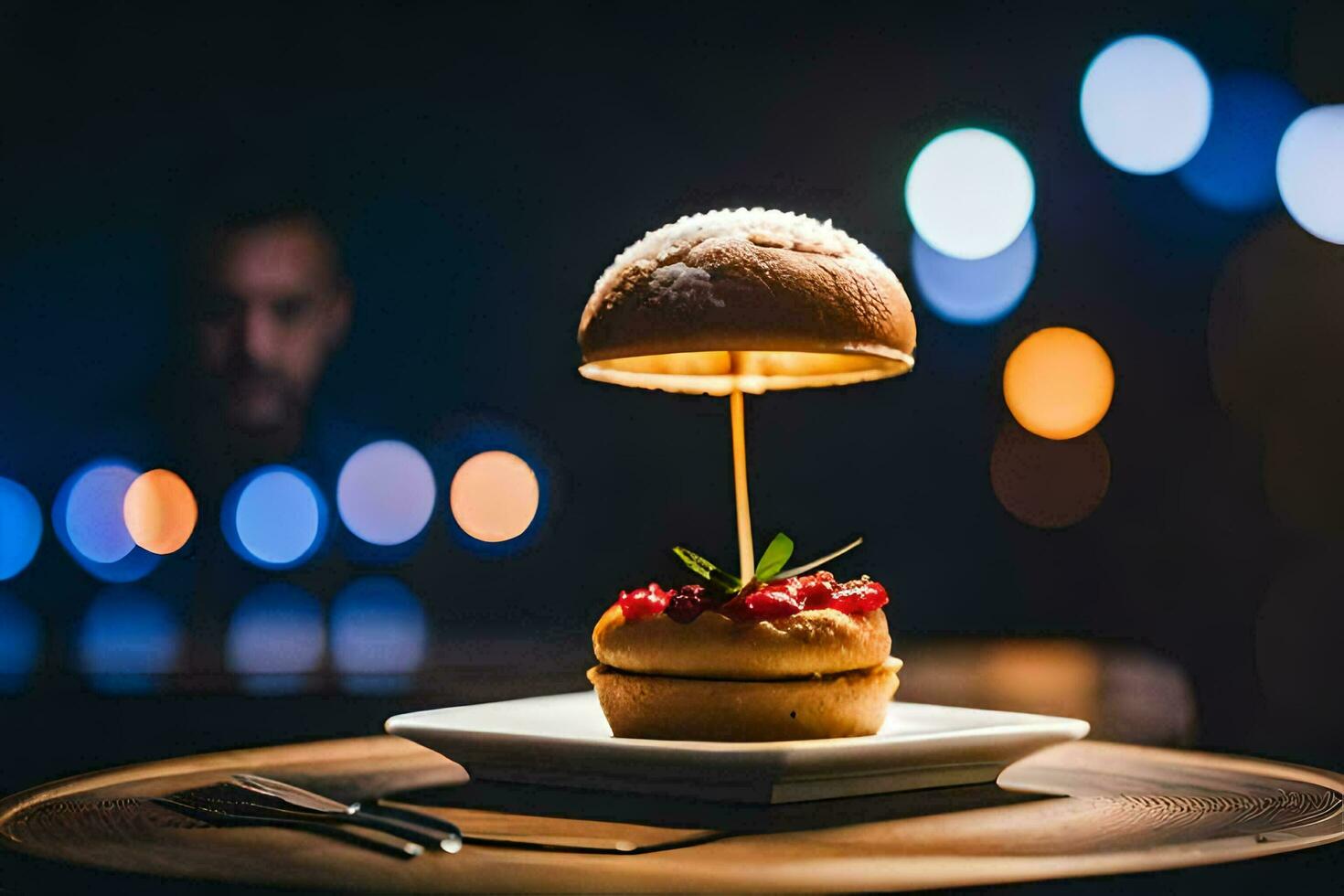 een Hamburger met een licht Aan top. ai-gegenereerd foto