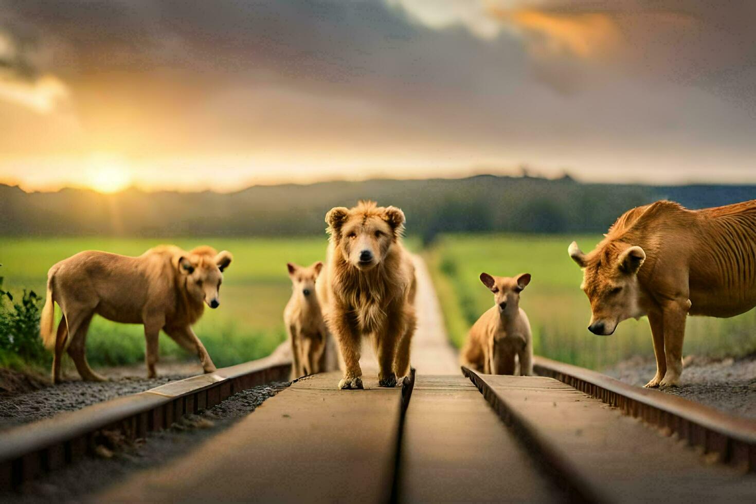 een groep van honden wandelen Aan een spoorweg spoor. ai-gegenereerd foto