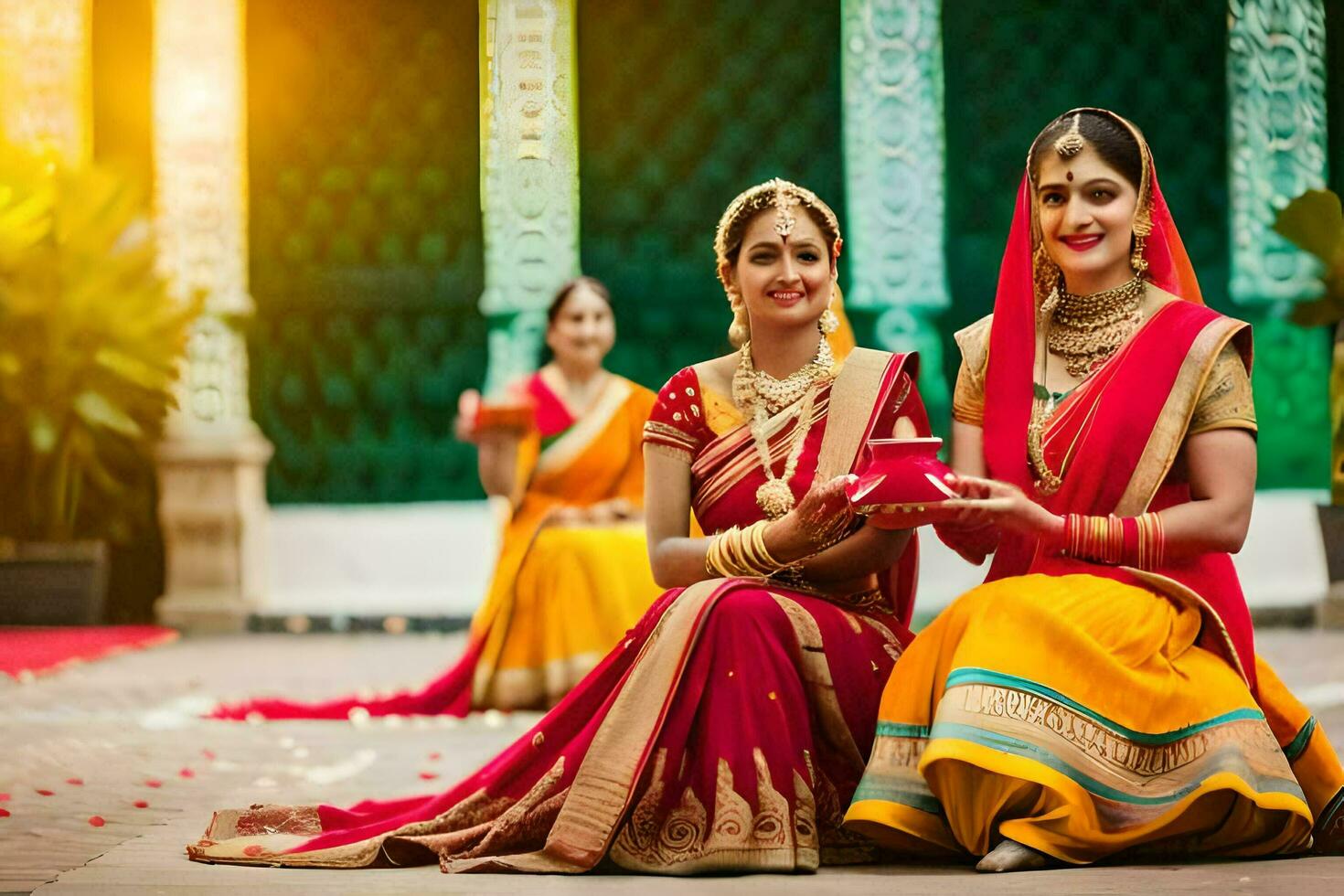 twee Dames in traditioneel Indisch kleding zittend Aan de grond. ai-gegenereerd foto