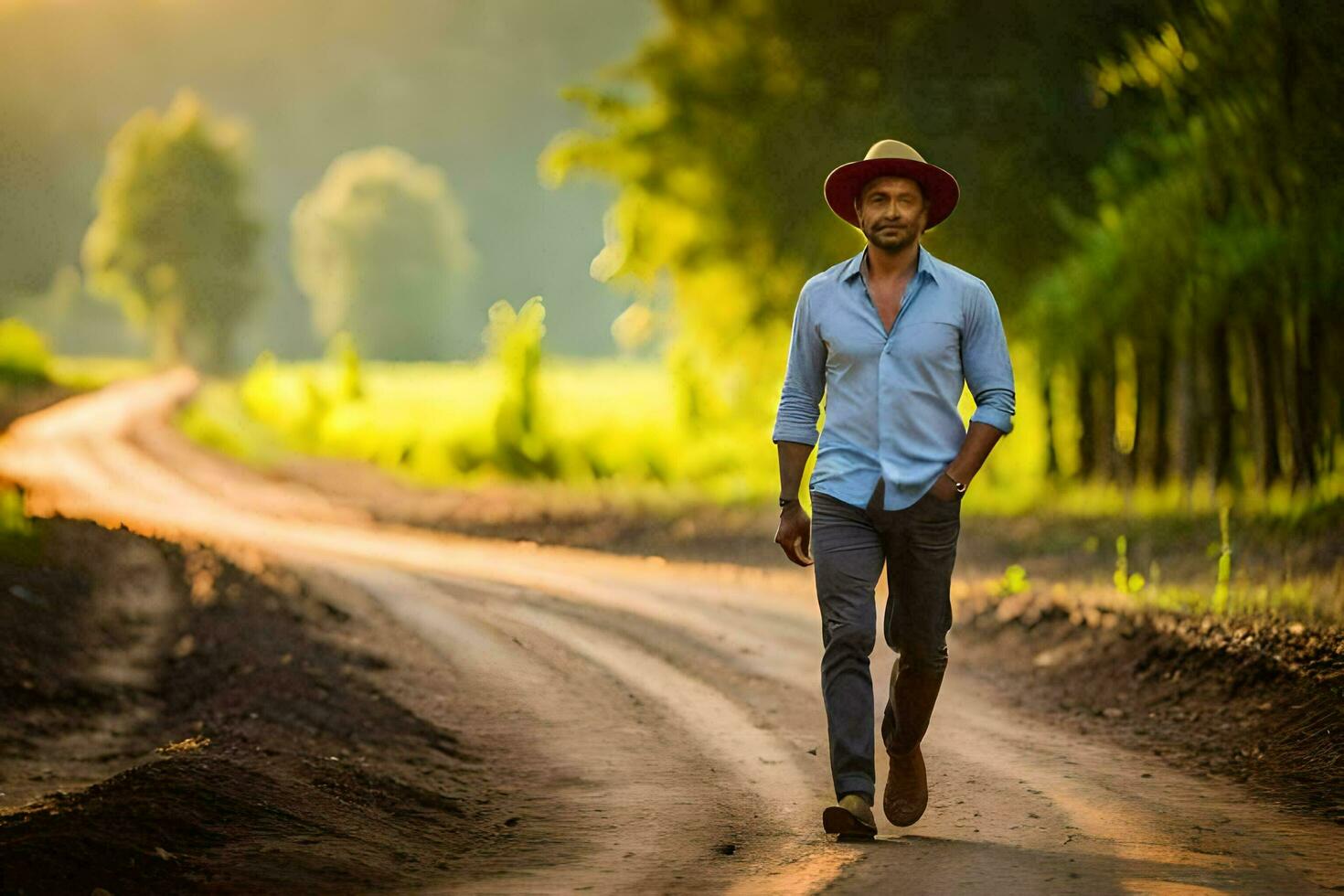 een Mens in een hoed wandelingen naar beneden een aarde weg. ai-gegenereerd foto