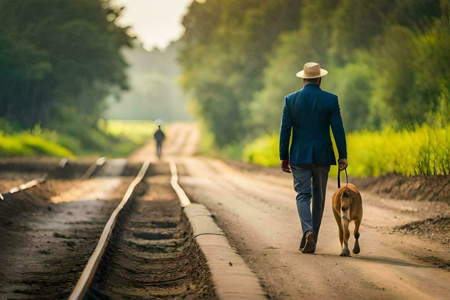 een Mens in een pak en hoed wandelen zijn hond naar beneden een weg. ai-gegenereerd foto