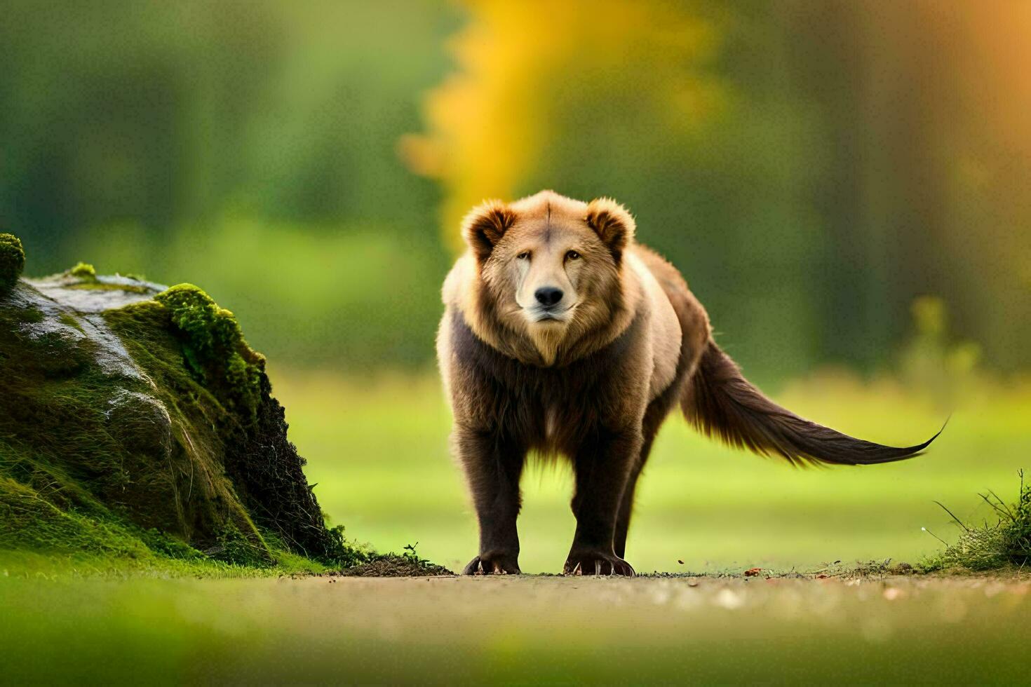 een bruin beer wandelen Aan een pad in de Woud. ai-gegenereerd foto