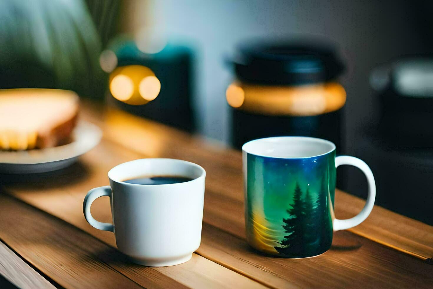 twee koffie mokken met een Woud tafereel Aan hen. ai-gegenereerd foto