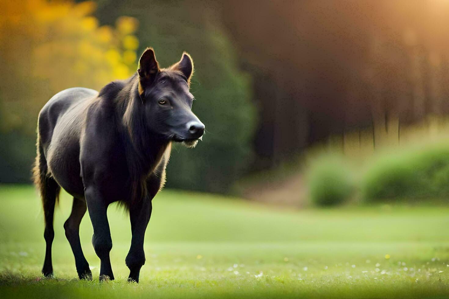 een zwart paard is staand in de gras. ai-gegenereerd foto