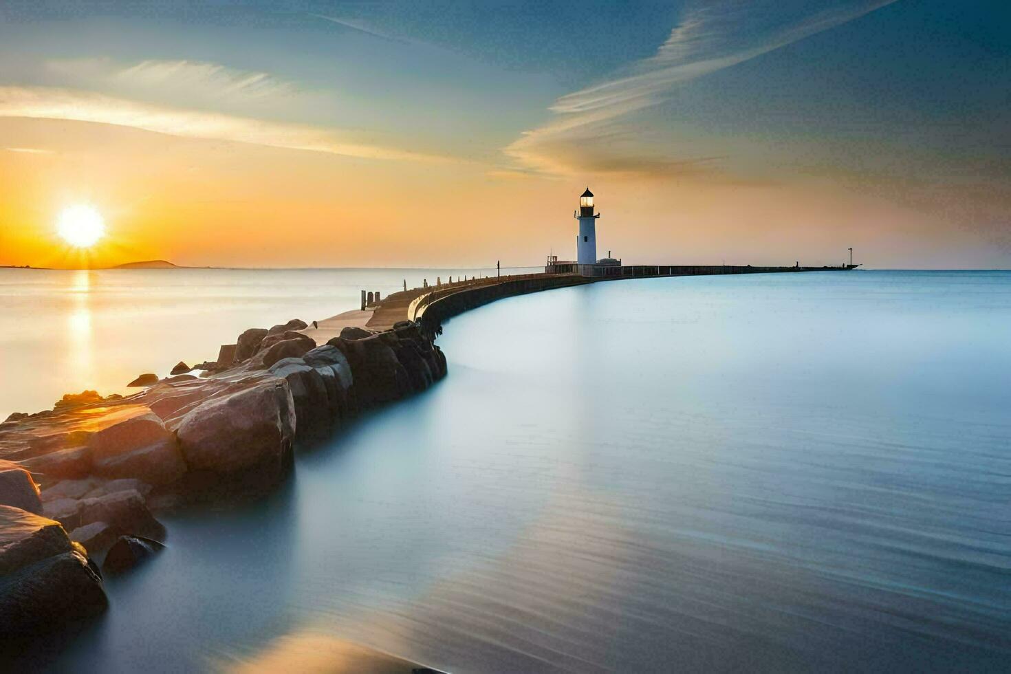 een vuurtoren Bij zonsondergang Aan de kust. ai-gegenereerd foto