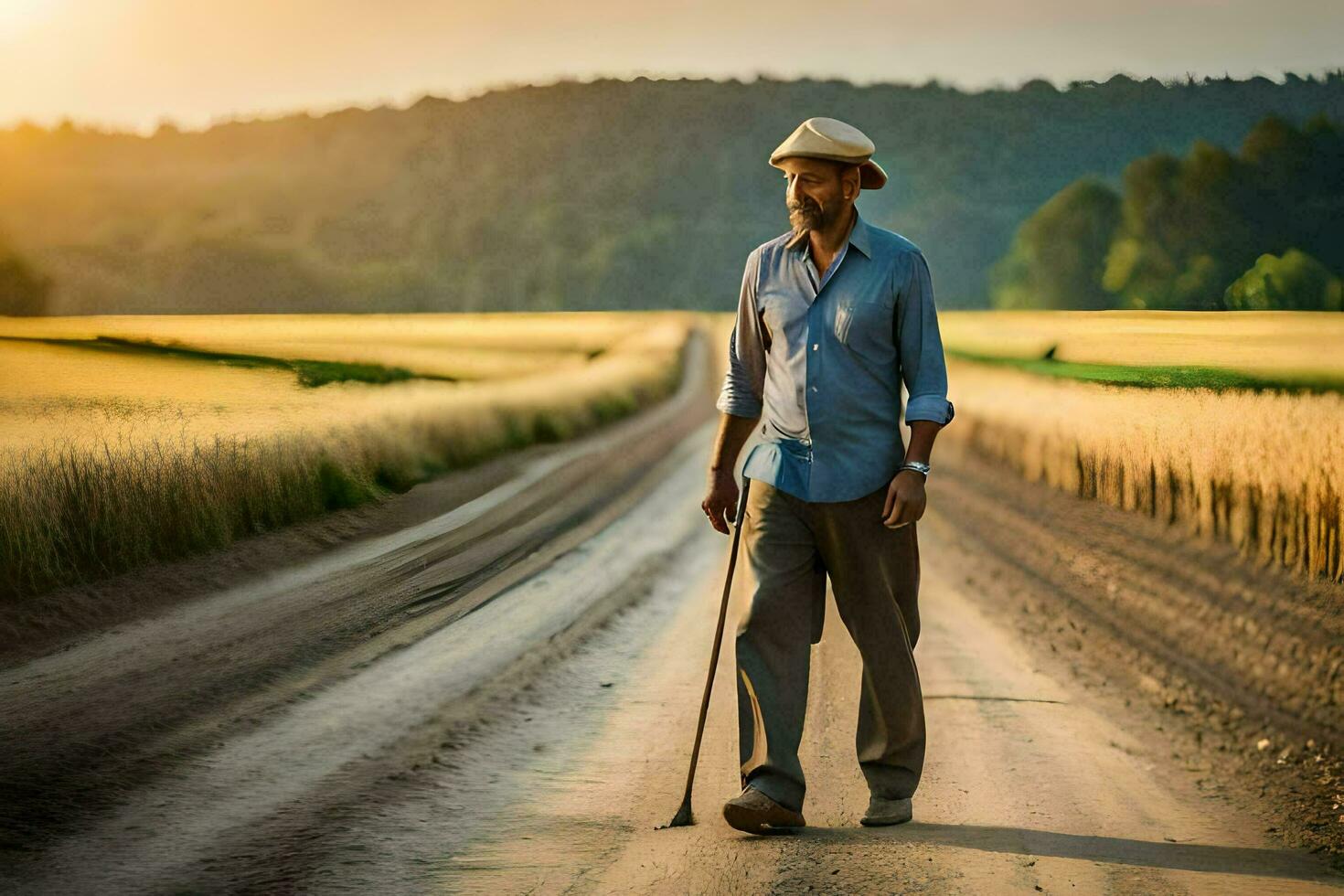 een Mens wandelen Aan een aarde weg met een riet. ai-gegenereerd foto