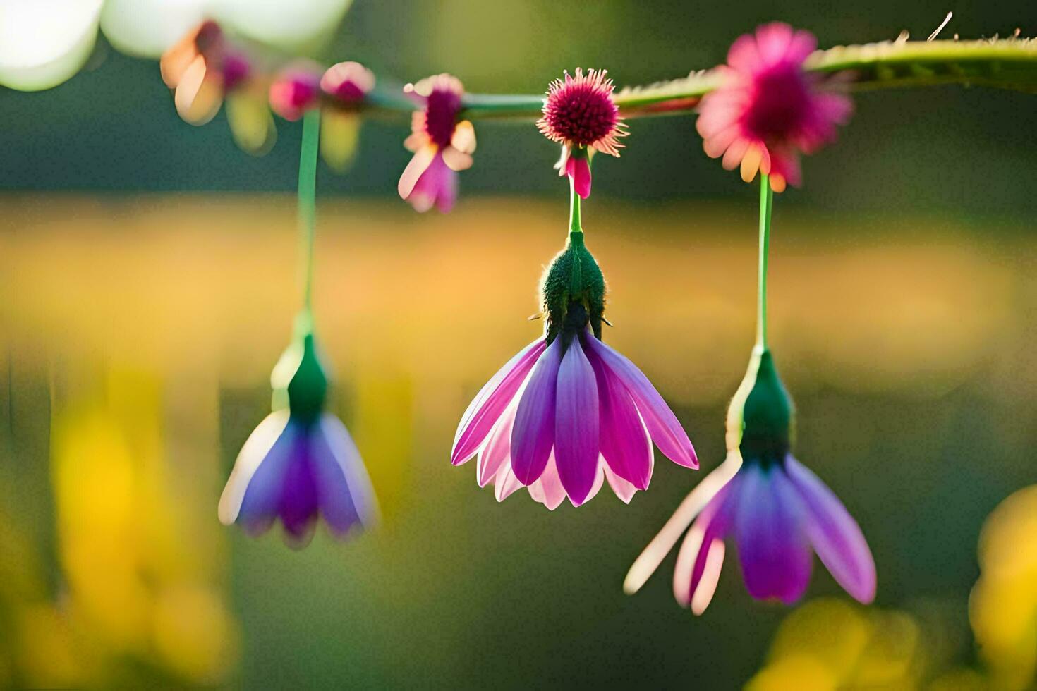 drie Purper bloemen hangende van een Liaan. ai-gegenereerd foto