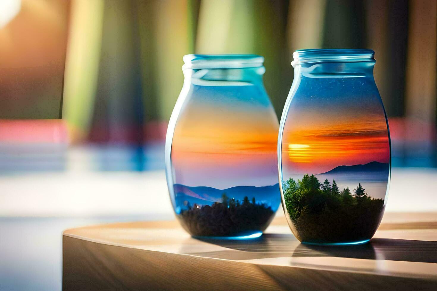twee glas flessen met een zonsondergang en bergen in hen. ai-gegenereerd foto