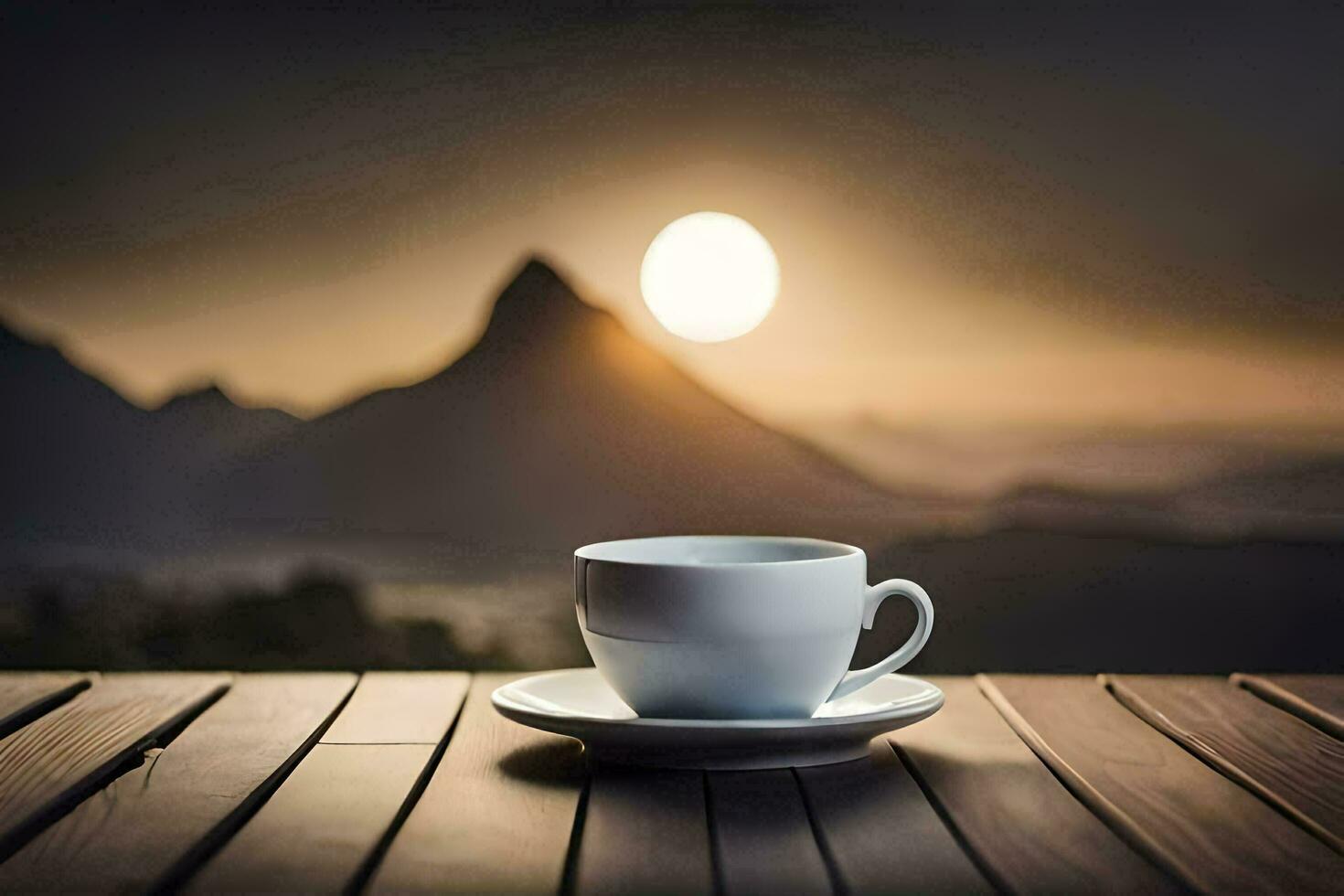 een kop van koffie Aan een houten tafel in voorkant van een berg. ai-gegenereerd foto