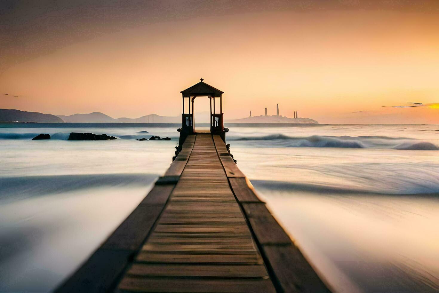 een pier met een Prieel in de oceaan Bij zonsondergang. ai-gegenereerd foto