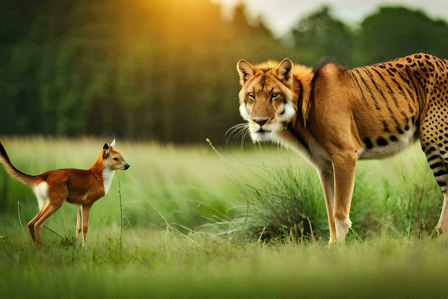 een tijger en een baby hert in de wild. ai-gegenereerd foto