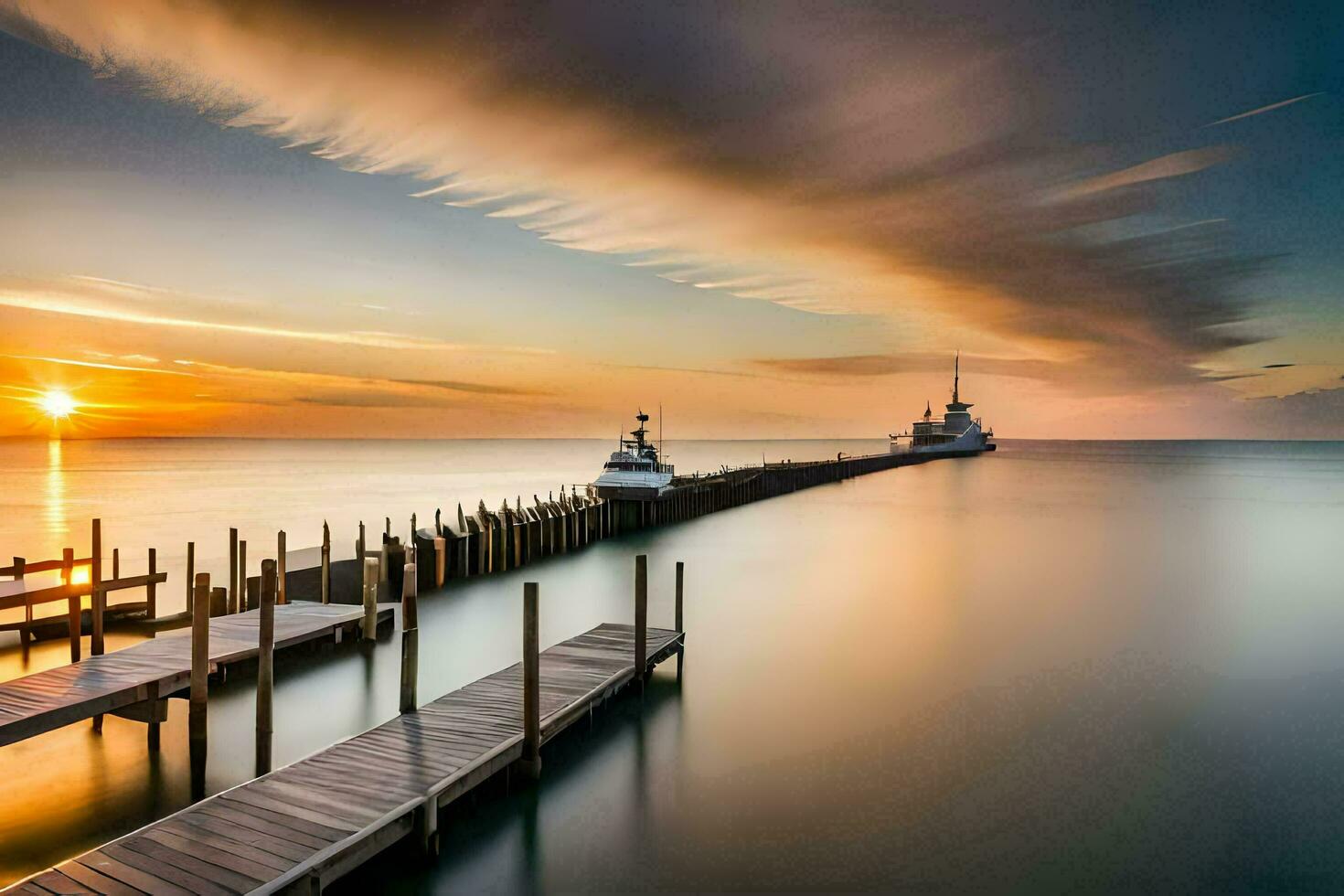 een lang blootstelling fotograaf van een dok Bij zonsondergang. ai-gegenereerd foto