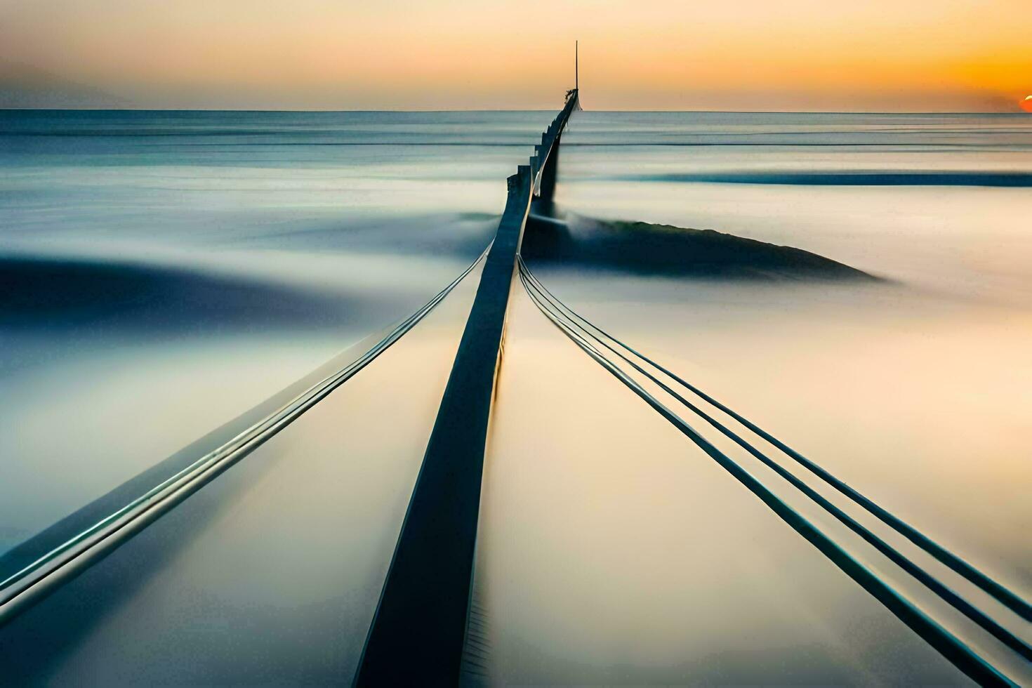 een lang blootstelling fotograaf van een pier in de oceaan. ai-gegenereerd foto