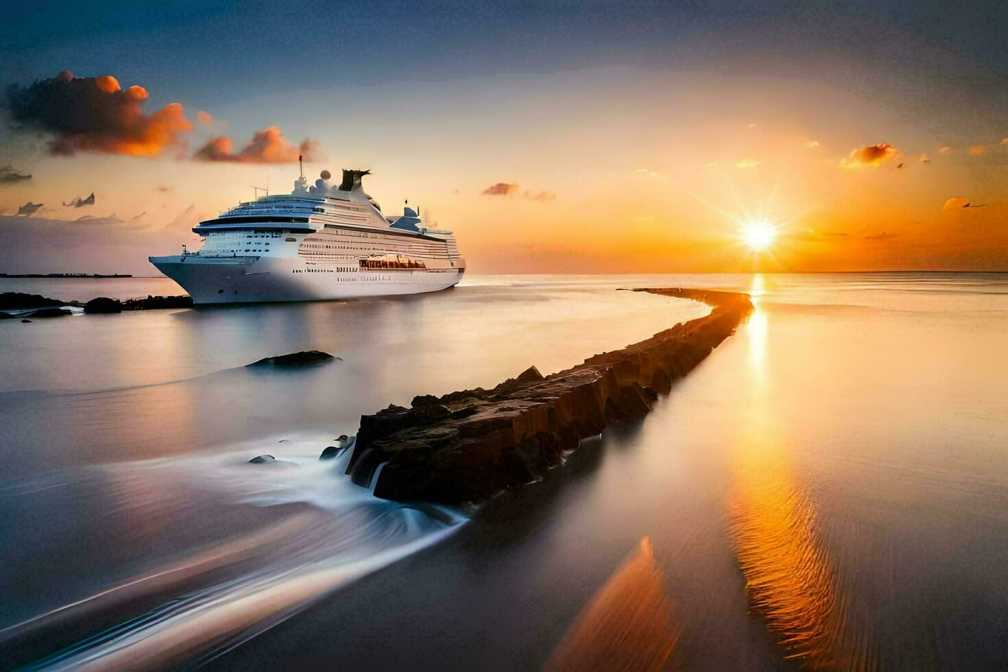 een reis schip in de oceaan Bij zonsondergang. ai-gegenereerd foto