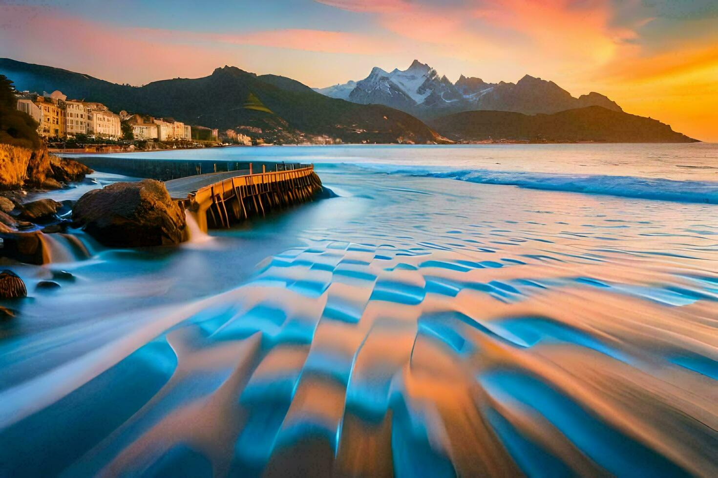 een mooi zonsondergang over- de oceaan met golven crashen in de oever. ai-gegenereerd foto