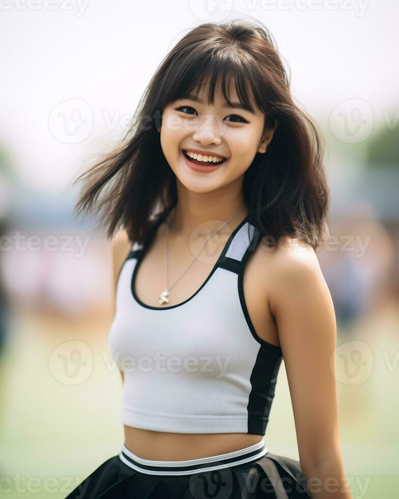 mooi cheerleader met aantrekkelijk glimlach ai generatief foto
