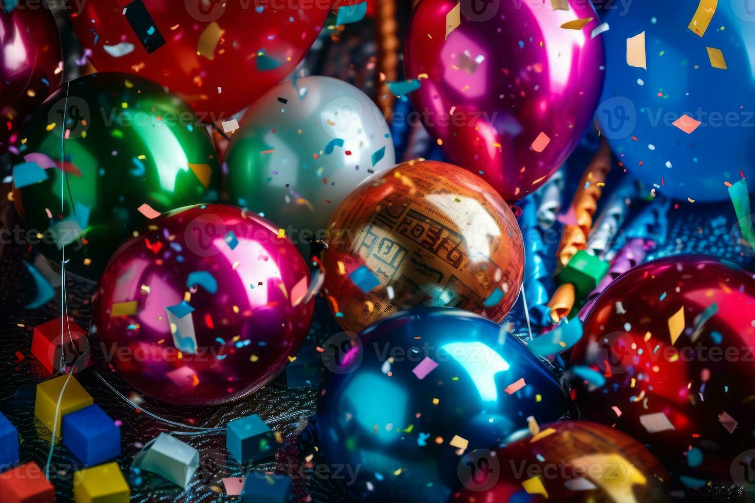 een collage van feestelijk nieuw jaar decoraties, inclusief ballonnen, wimpels, en partij gunsten, symboliseert de levendig en feestelijk atmosfeer van nieuw jaar feesten. generatief ai foto